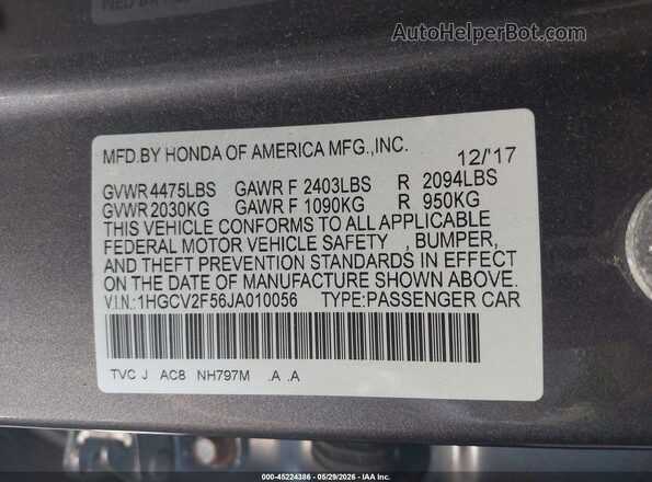 1HGCV2F56JA010056 2018 HONDA ACCORD Gray Vista del compartimento del motor