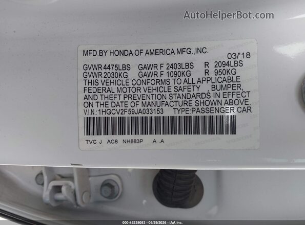 1HGCV2F59JA033153 2018 HONDA ACCORD Белый Вид подкапотного пространства