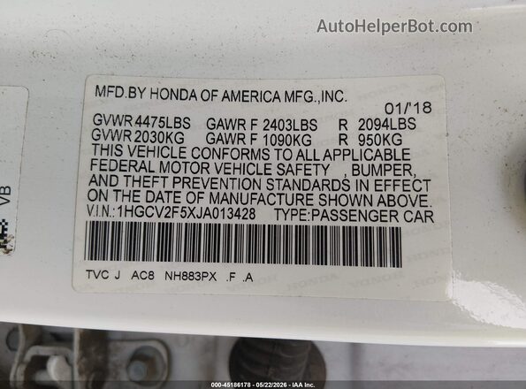 1HGCV2F5XJA013428 2018 HONDA ACCORD White Շարժիչի բաժամունքի տեսք