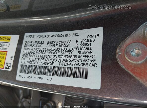 1HGCV2F67JA024069 2018 HONDA ACCORD Gray Շարժիչի բաժամունքի տեսք