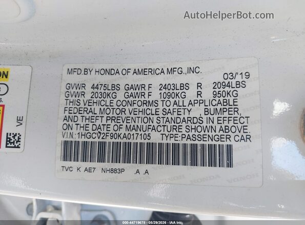 1HGCV2F90KA017105 2019 HONDA ACCORD White Շարժիչի բաժամունքի տեսք