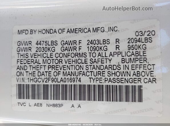1HGCV2F90LA016974 2020 HONDA ACCORD White Engine compartment view