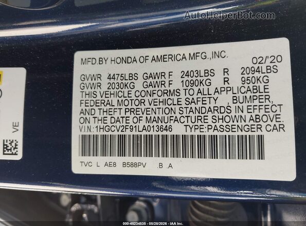 1HGCV2F91LA013646 2020 HONDA ACCORD Blue 