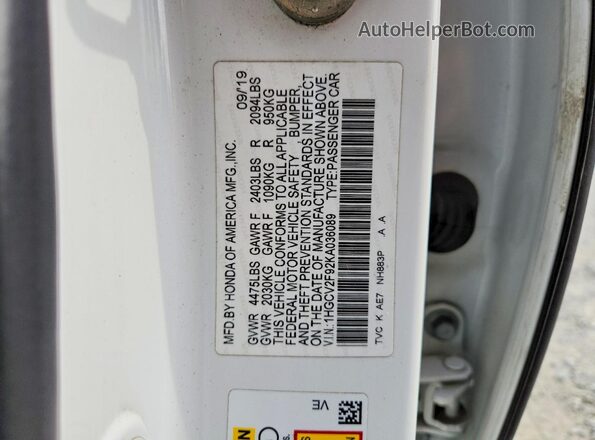 1HGCV2F92KA036089 2019 HONDA ACCORD White Вид підкапотного простору