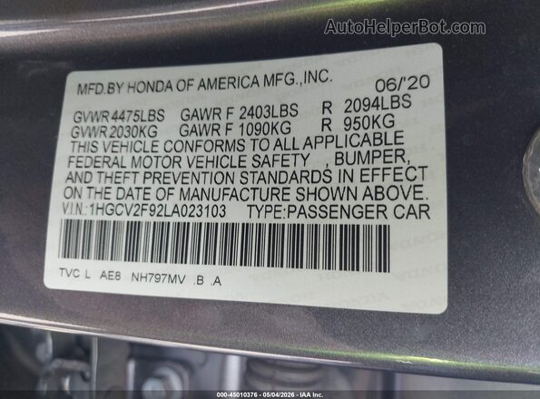 1HGCV2F92LA023103 2020 HONDA ACCORD Gray Շարժիչի բաժամունքի տեսք