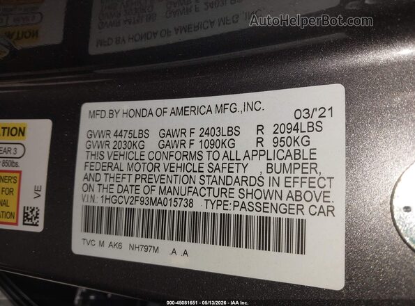1HGCV2F93MA015738 2021 HONDA ACCORD Gray Widok komory silnika