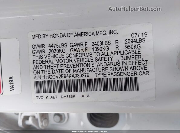1HGCV2F94KA030276 2019 HONDA ACCORD Белый Вид подкапотного пространства