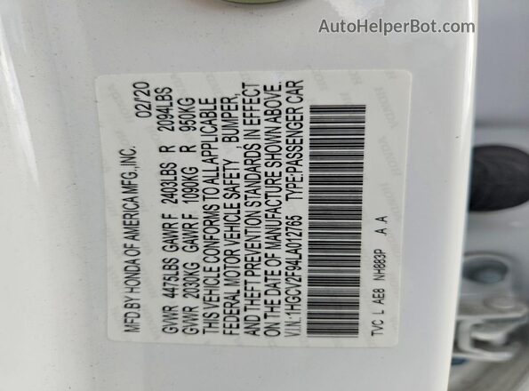 1HGCV2F94LA012765 2020 HONDA ACCORD Белый 