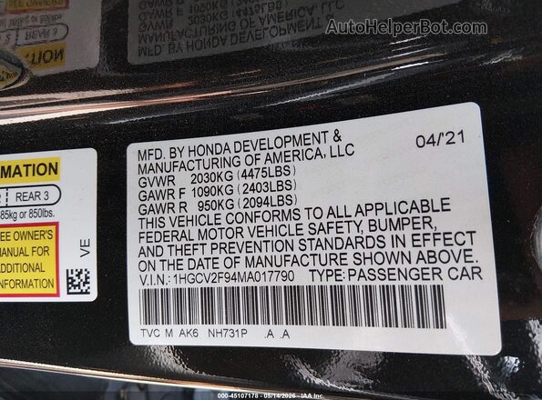 1HGCV2F94MA017790 2021 HONDA ACCORD Черный 