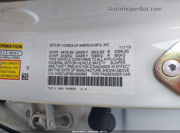 1HGCV2F95LA002892 2020 HONDA ACCORD White Engine compartment view