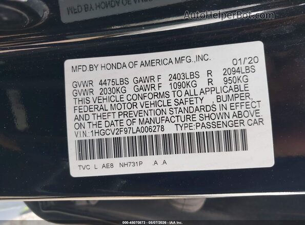 1HGCV2F97LA006278 2020 HONDA ACCORD Black Շարժիչի բաժամունքի տեսք