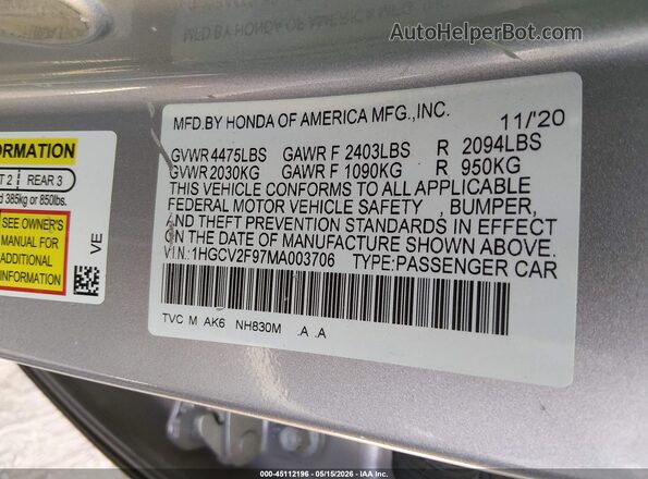 1HGCV2F97MA003706 2021 HONDA ACCORD Silver Widok komory silnika