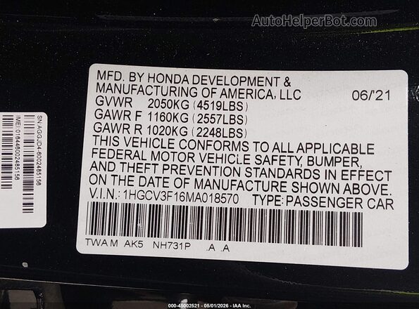 1HGCV3F16MA018570 2021 HONDA ACCORD Black Vista del compartimento del motor