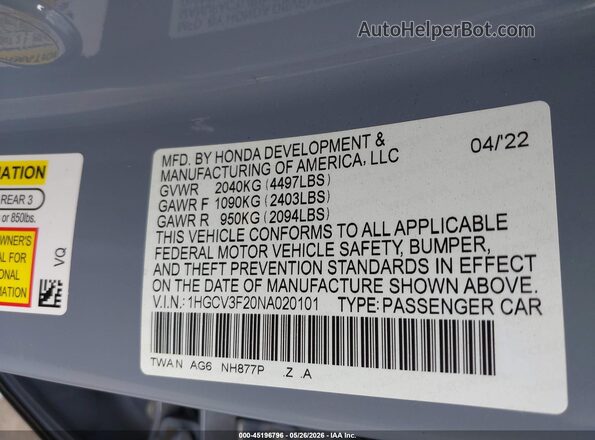 1HGCV3F20NA020101 2022 HONDA ACCORD HYBRID Gray Engine compartment view