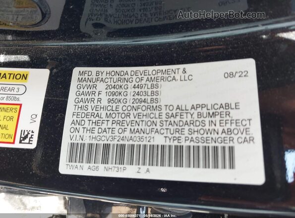 1HGCV3F24NA035121 2022 HONDA ACCORD Black Vista del compartimento del motor