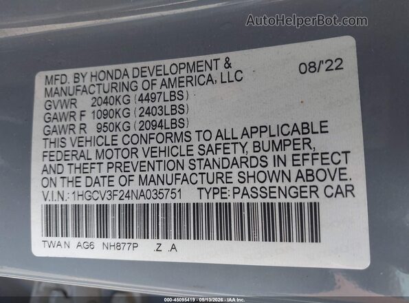 1HGCV3F24NA035751 2022 HONDA ACCORD Light Blue ძრავის განყოფილების ხედი