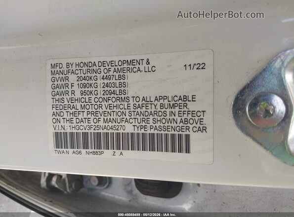 1HGCV3F25NA045270 2022 HONDA ACCORD Белый Вид подкапотного пространства