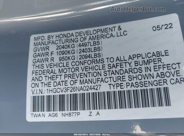 1HGCV3F26NA024427 2022 HONDA ACCORD Turquoise Շարժիչի բաժամունքի տեսք