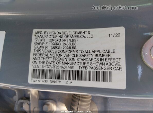 1HGCV3F26NA047481 2022 HONDA ACCORD Blue Вид підкапотного простору