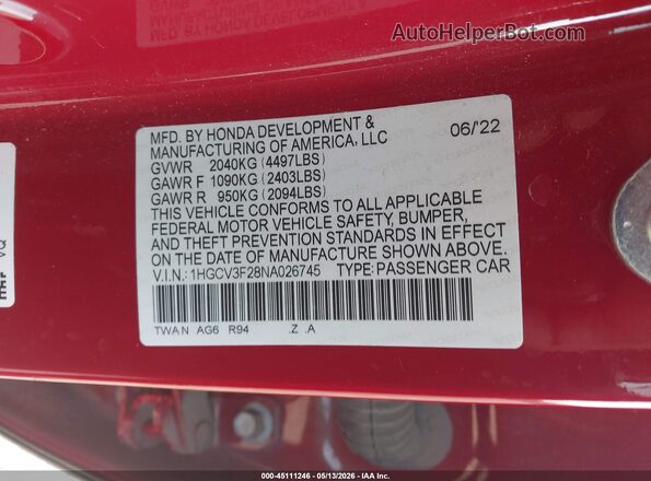 1HGCV3F28NA026745 2022 HONDA ACCORD Red Vista del compartimento del motor