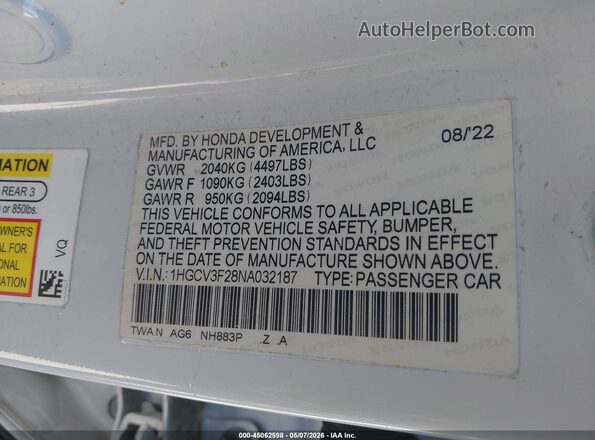 1HGCV3F28NA032187 2022 HONDA ACCORD HYBRID White ძრავის განყოფილების ხედი