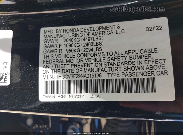 1HGCV3F29NA015138 2022 HONDA ACCORD Black ძრავის განყოფილების ხედი