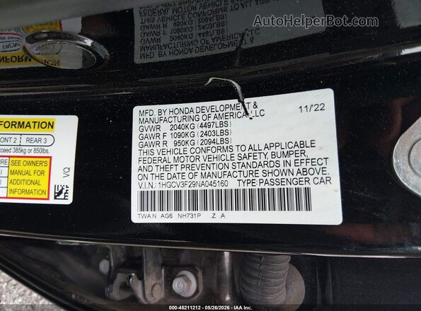 1HGCV3F29NA045160 2022 HONDA ACCORD HYBRID Black 