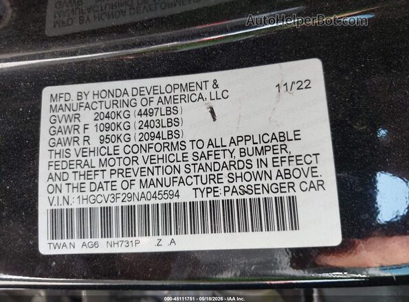 1HGCV3F29NA045594 2022 HONDA ACCORD Черный Вид подкапотного пространства