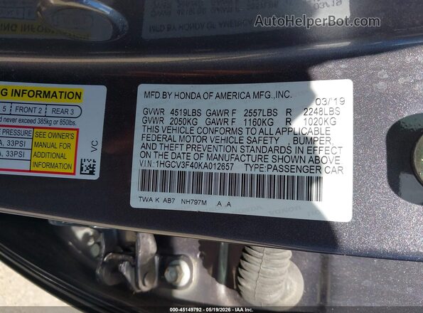 1HGCV3F40KA012657 2019 HONDA ACCORD Gray Вид підкапотного простору