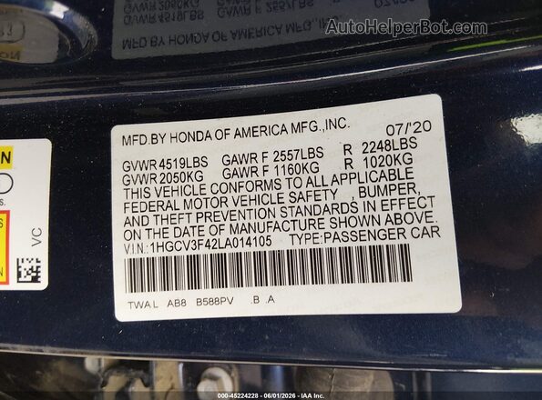 1HGCV3F42LA014105 2020 HONDA ACCORD Blue Vista del compartimento del motor