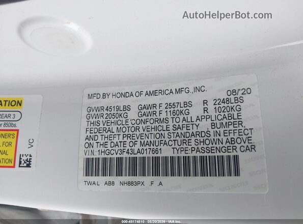 1HGCV3F43LA017661 2020 HONDA ACCORD White Widok komory silnika