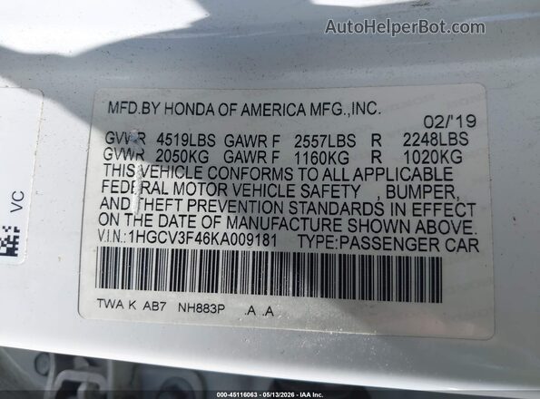 1HGCV3F46KA009181 2019 HONDA ACCORD White Շարժիչի բաժամունքի տեսք