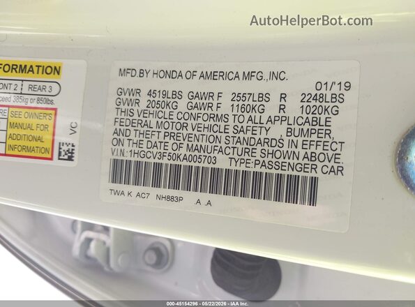 1HGCV3F50KA005703 2019 HONDA ACCORD Белый Вид подкапотного пространства