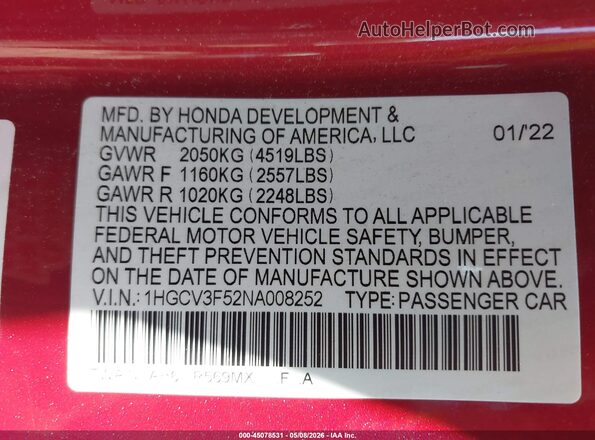 1HGCV3F52NA008252 2022 HONDA ACCORD Burgundy Vista del compartimento del motor