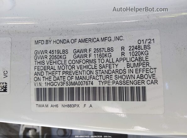 1HGCV3F53MA007674 2021 HONDA ACCORD HYBRID White 