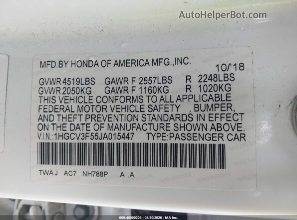 1HGCV3F55JA015447 2018 HONDA ACCORD HYBRID White 