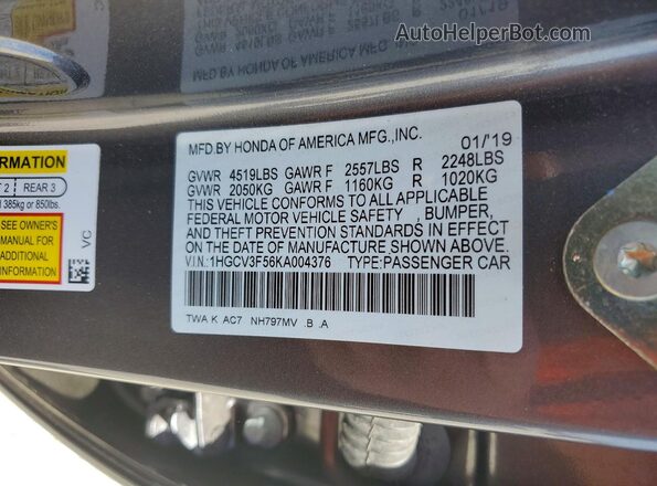 1HGCV3F56KA004376 2019 HONDA ACCORD Gray VIN կոդի պիտակի տեսք