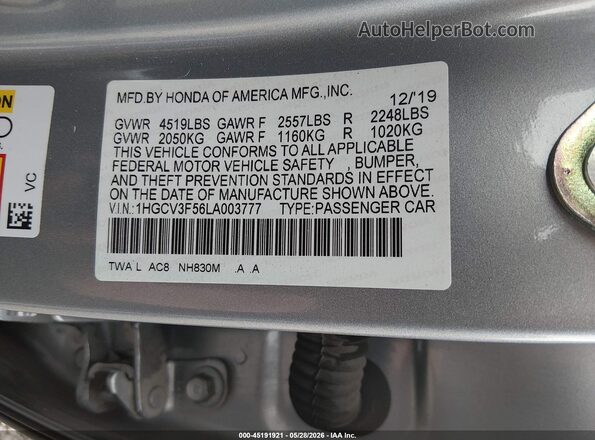 1HGCV3F56LA003777 2020 HONDA ACCORD Silver ძრავის განყოფილების ხედი