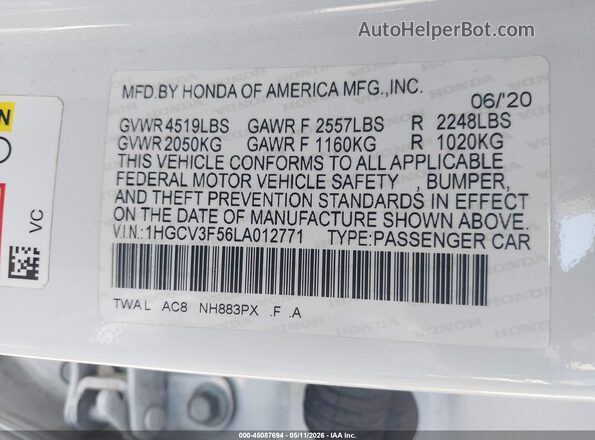 1HGCV3F56LA012771 2020 HONDA ACCORD HYBRID White 