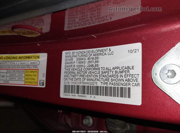 1HGCV3F59MA022275 2021 HONDA ACCORD Красный Вид подкапотного пространства