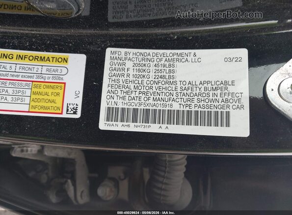 1HGCV3F5XNA015918 2022 HONDA ACCORD HYBRID Black Widok komory silnika