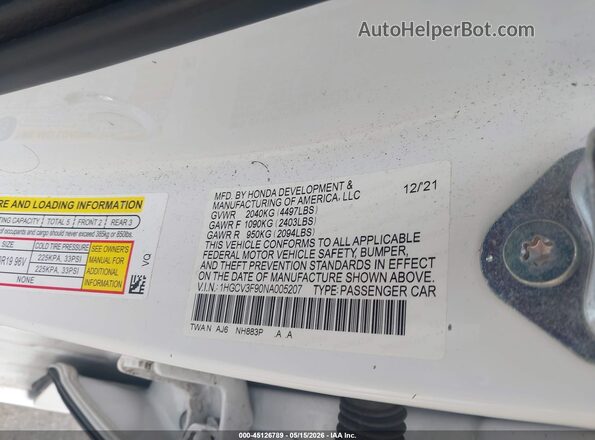 1HGCV3F90NA005207 2022 HONDA ACCORD White ძრავის განყოფილების ხედი