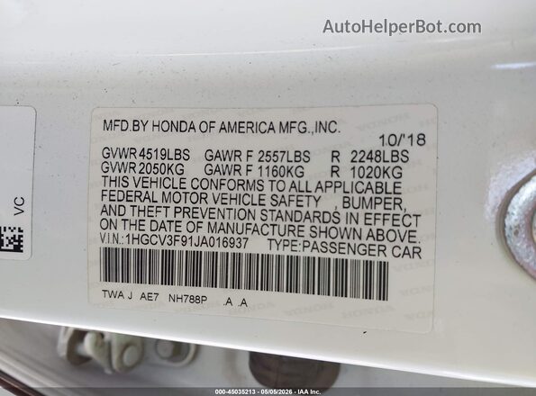 1HGCV3F91JA016937 2018 HONDA ACCORD White Widok komory silnika