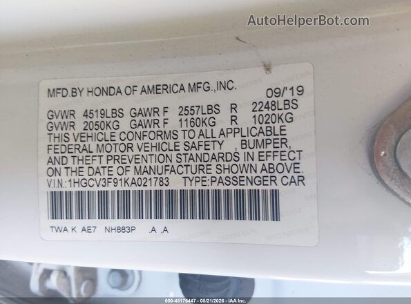 1HGCV3F91KA021783 2019 HONDA ACCORD White Вид підкапотного простору