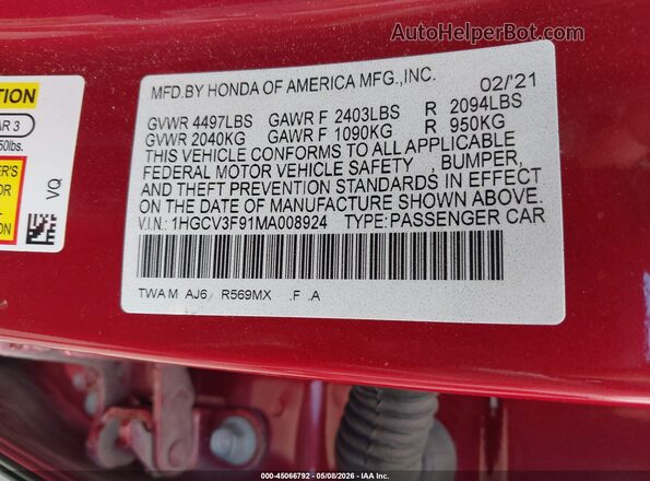 1HGCV3F91MA008924 2021 HONDA ACCORD Red Շարժիչի բաժամունքի տեսք