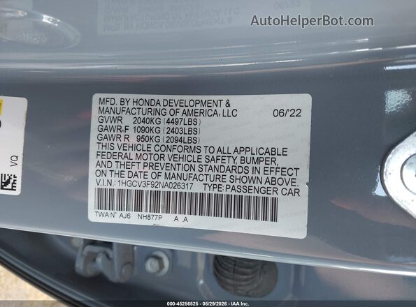 1HGCV3F92NA026317 2022 HONDA ACCORD Gray Vista del compartimento del motor