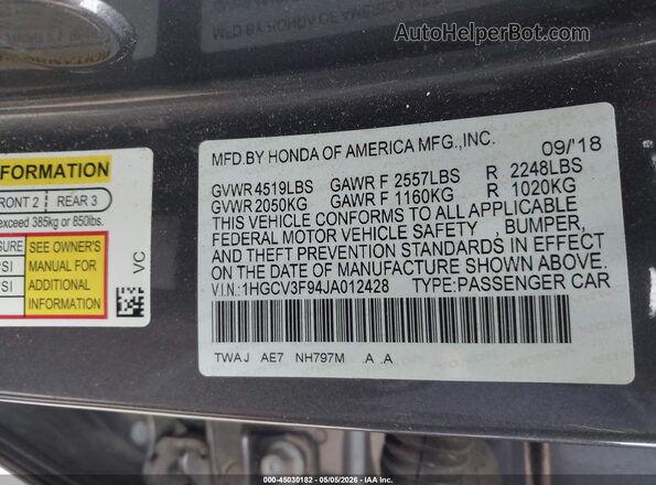 1HGCV3F94JA012428 2018 HONDA ACCORD HYBRID Gray 