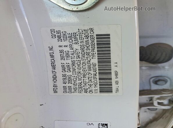 1HGCV3F94LA007457 2020 HONDA ACCORD White ძრავის განყოფილების ხედი