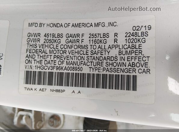 1HGCV3F96KA008950 2019 HONDA ACCORD White ძრავის განყოფილების ხედი
