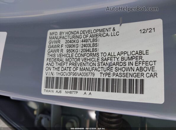 1HGCV3F96NA006779 2022 HONDA ACCORD Gray Engine compartment view